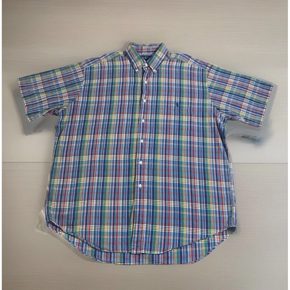 Polo Ralph Lauren SS Shirt Mens XL Plaid Button Up‎ Multi Colorful Blake 90s VTG